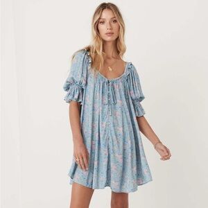 Spell & the Gypsy Dolly Mini Dress Dusty Blue Floral short sleeve smocked